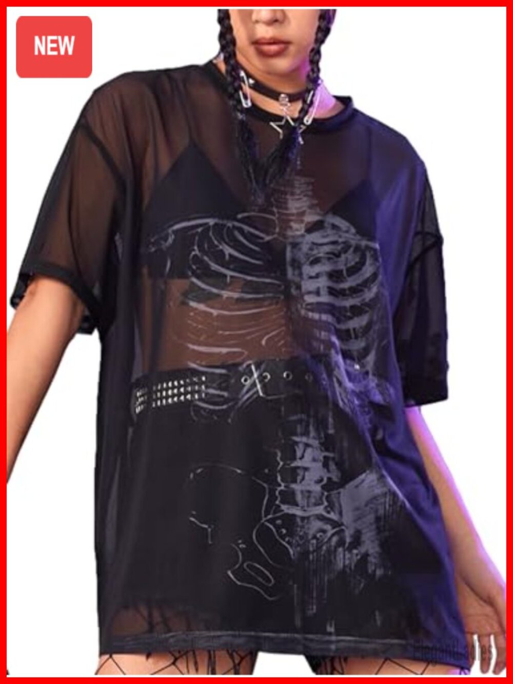 Sheer Mesh Skeleton Print Short Sleeve Rave Tee Drop Shoulder Top